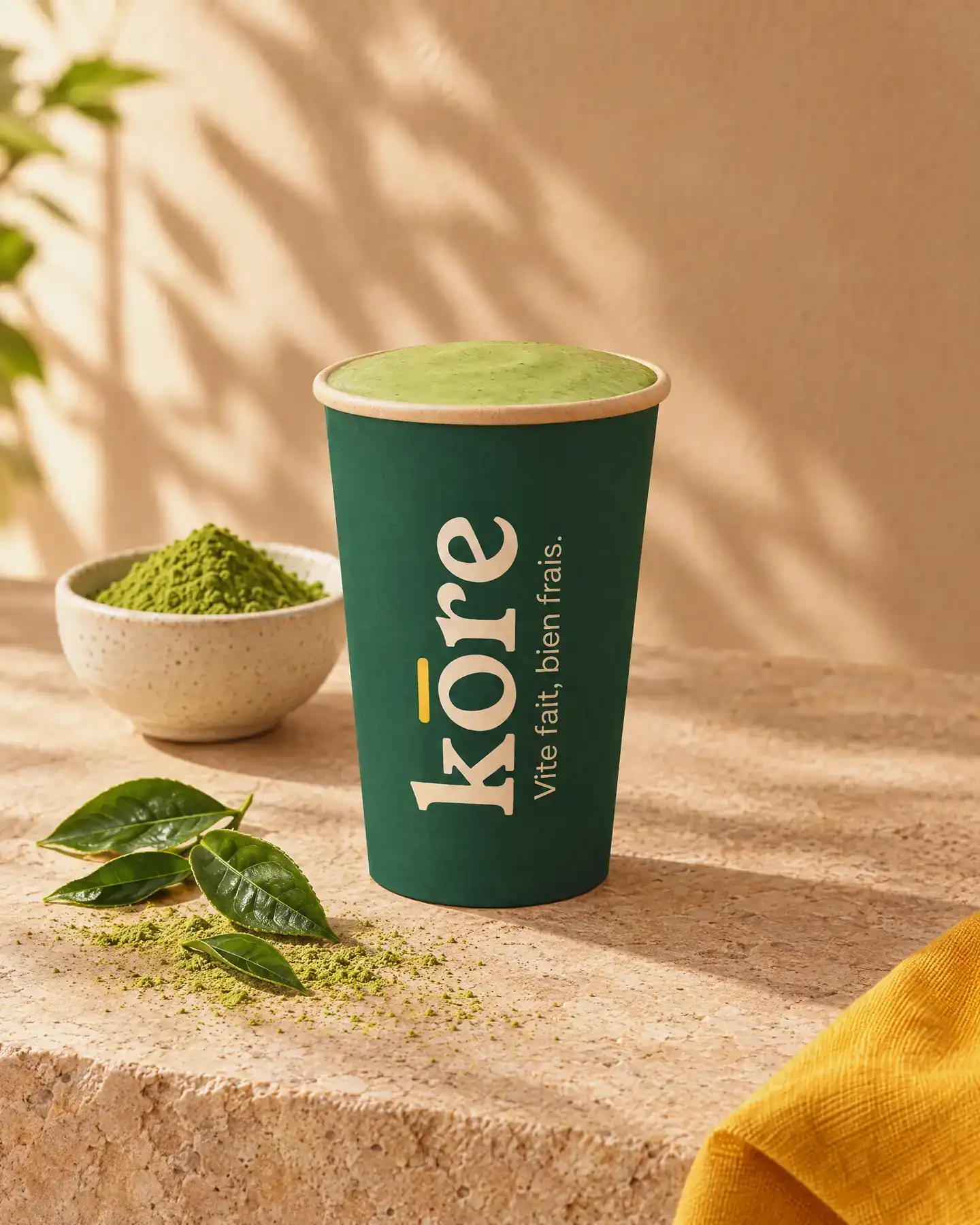 Latté matcha servi frais dans le gobelet vert Kōre (illustration)