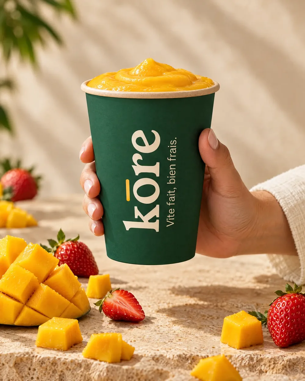 Smoothie à la mangue dans le gobelet en carton Kōre, entouré de morceaux de mangue et de fraises (illustration)