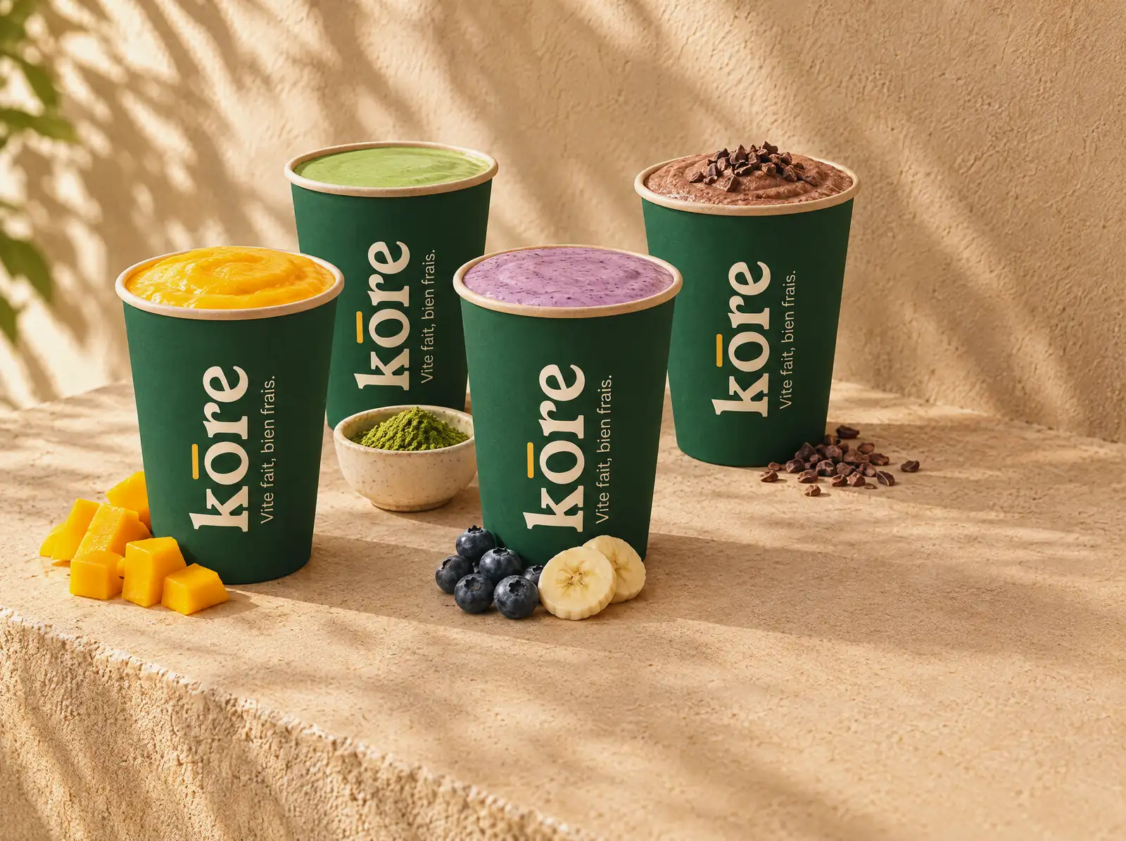 Smoothie mangue, shake myrtille-banane, latté matcha et chocolat froid dans des gobelets verts Kōre (illustration)