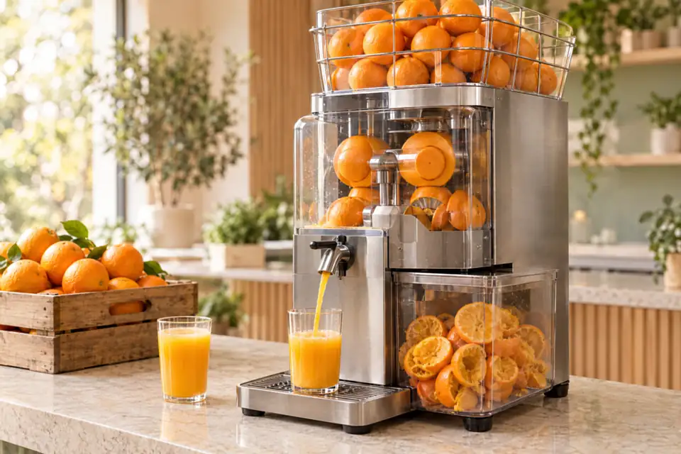 Un presse-agrumes automatique professionnel presse des oranges entières : le jus coule dans un verre, les demi-écorces s’accumulent dans le bac transparent (illustration)
