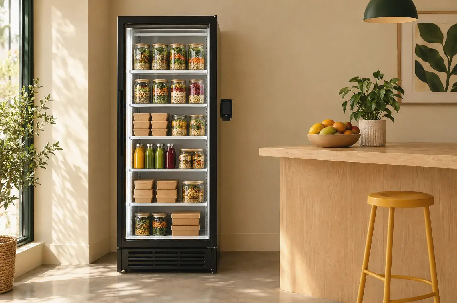 Frigo connecté contenant des repas et encas (illustration)