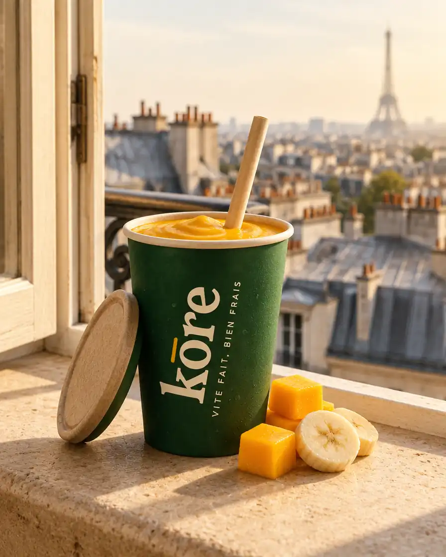 Smoothie à la mangue dans le gobelet vert Kōre, sur le rebord d’une fenêtre face aux toits de Paris (illustration)
