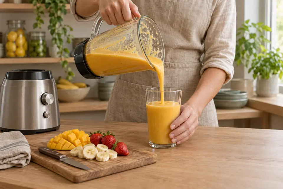 Au comptoir d’un café, une personne verse un smoothie mangue-banane préparé au blender professionnel (illustration)