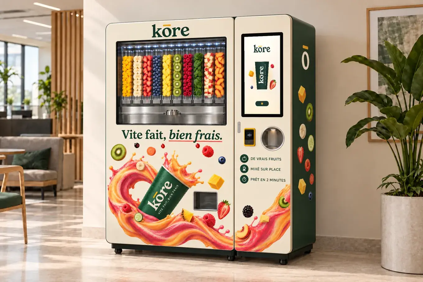 Distributeur Kōre dans une salle de pause d’entreprise (illustration)