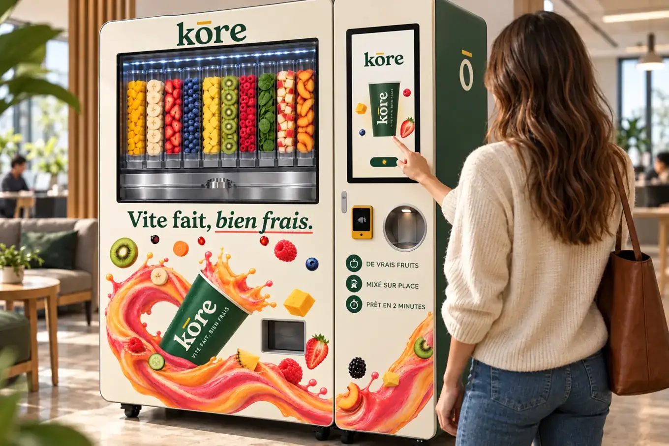 Une utilisatrice choisit sa boisson sur l’écran du distributeur Kōre (illustration)