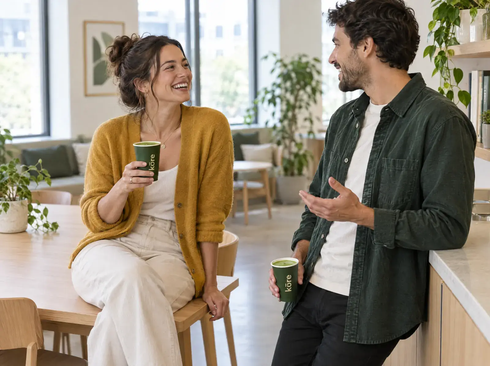 Deux collègues échangent dans une salle de pause lumineuse, smoothies Kōre à la main (illustration)
