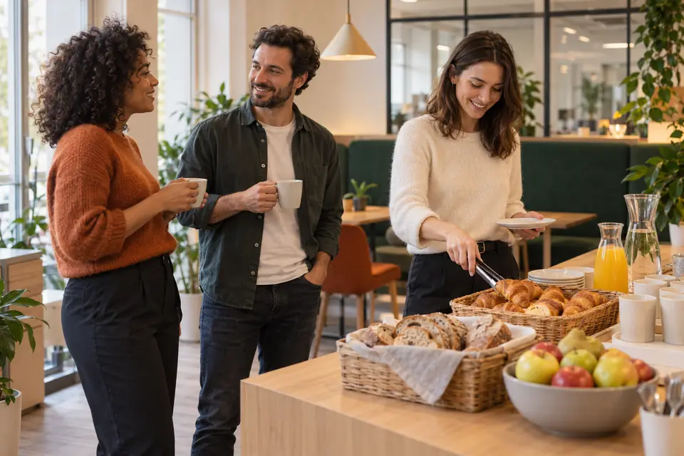 Des collègues échangent autour d’un buffet de petit-déjeuner organisé dans une salle de pause au bureau (illustration)