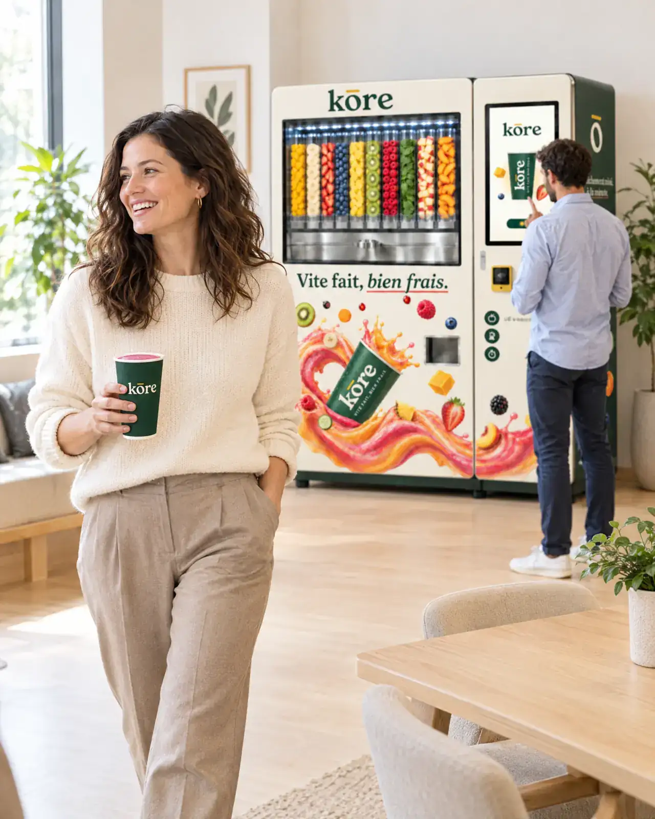 Une salariée quitte le distributeur Kōre de la salle de pause, smoothie à la main, pendant qu’un collègue choisit sa boisson à l’écran (illustration)