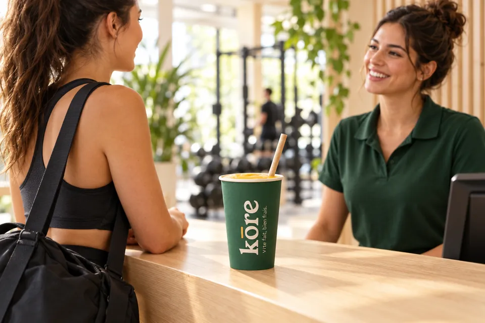 À l’accueil d’une salle de sport, une adhérente en tenue de sport discute avec une employée ; sur le comptoir, un gobelet Kōre avec son couvercle et sa paille en carton : les services hors abonnement prolongent la visite (illustration)