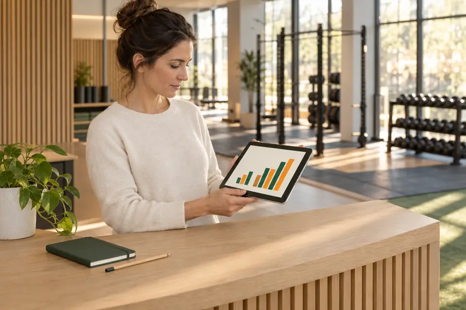 Derrière le comptoir d’accueil d’une salle de sport, avant l’ouverture, une gérante consulte un graphique en barres vert et orange sur une tablette (illustration)