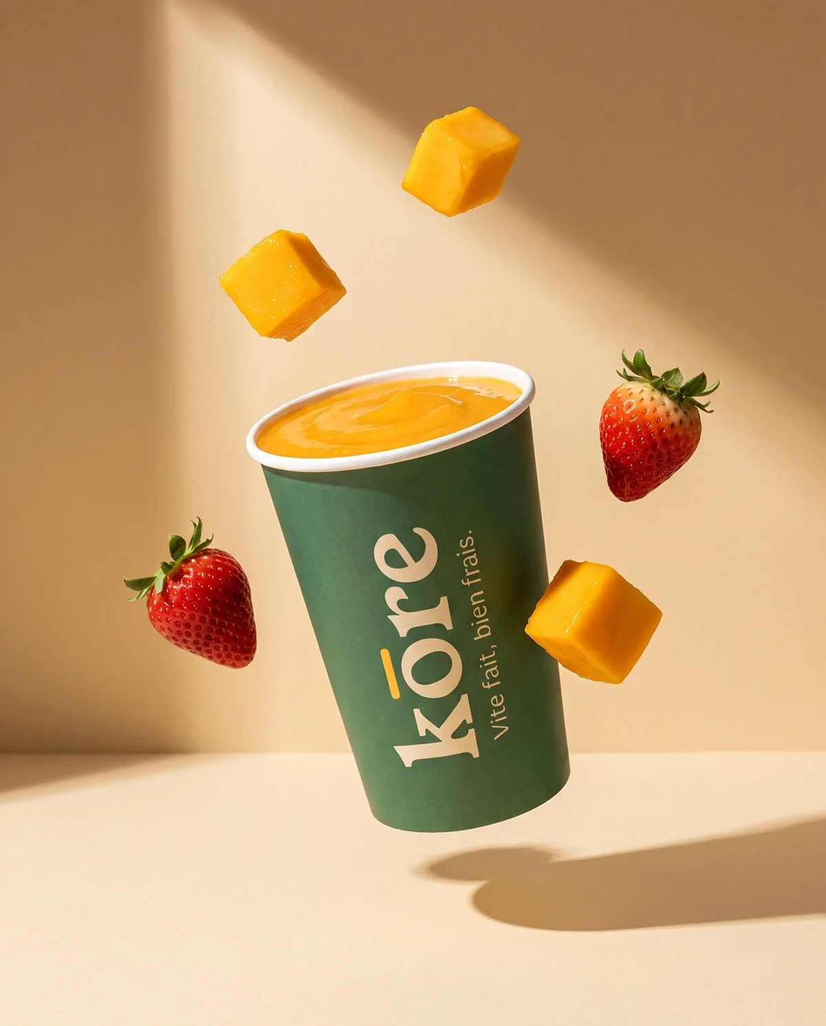 Le gobelet vert Kōre entouré de morceaux de mangue et de fraises (illustration)