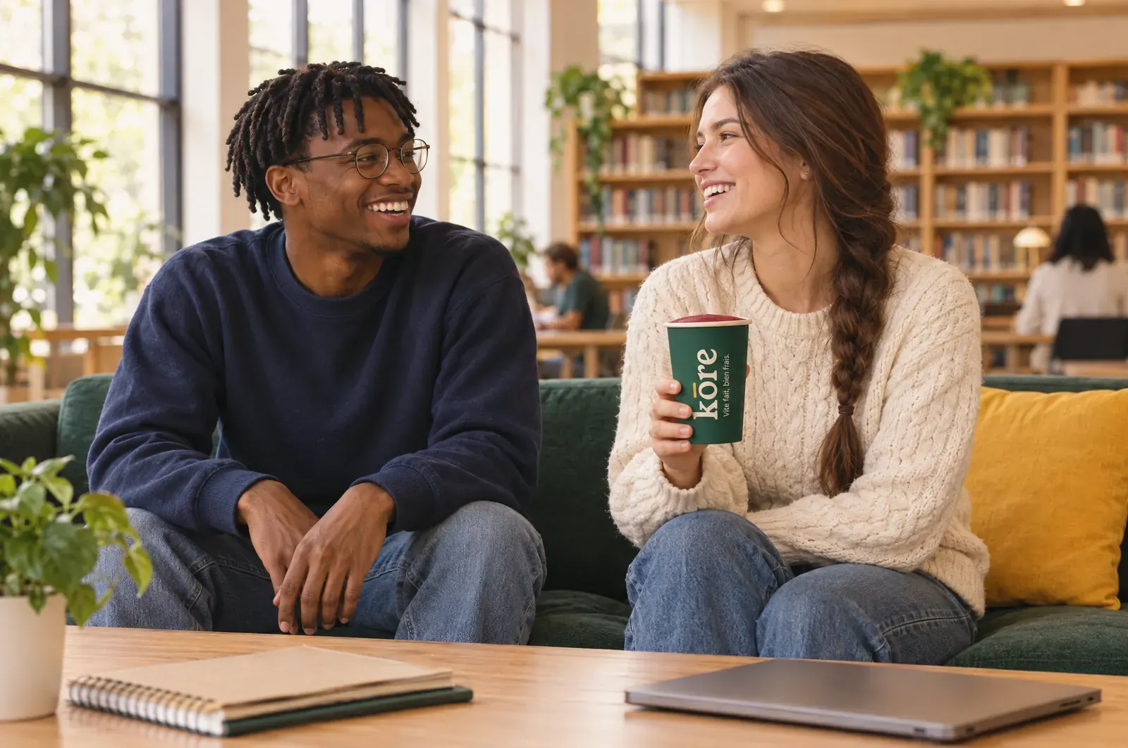 Deux étudiants font une pause à la bibliothèque, smoothie Kōre (illustration)