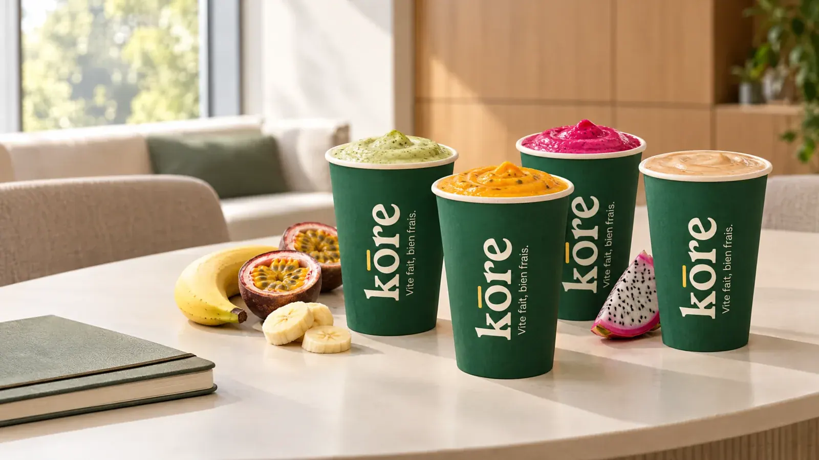 Quatre boissons Kōre dans leurs gobelets, sur une table de salle de pause (illustration)