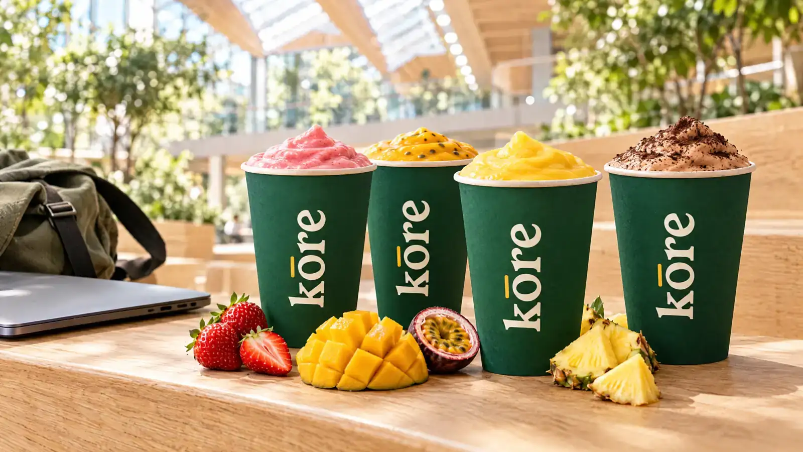 Quatre boissons Kōre dans leurs gobelets, sur une table de campus (illustration)