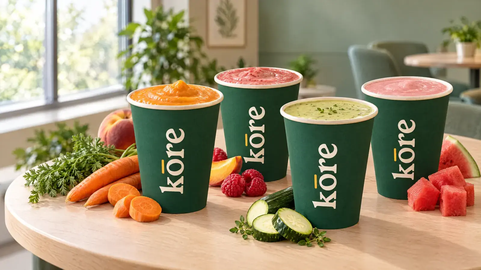 Quatre boissons Kōre dans leurs gobelets, dans une salle de repos d’établissement de santé (illustration)