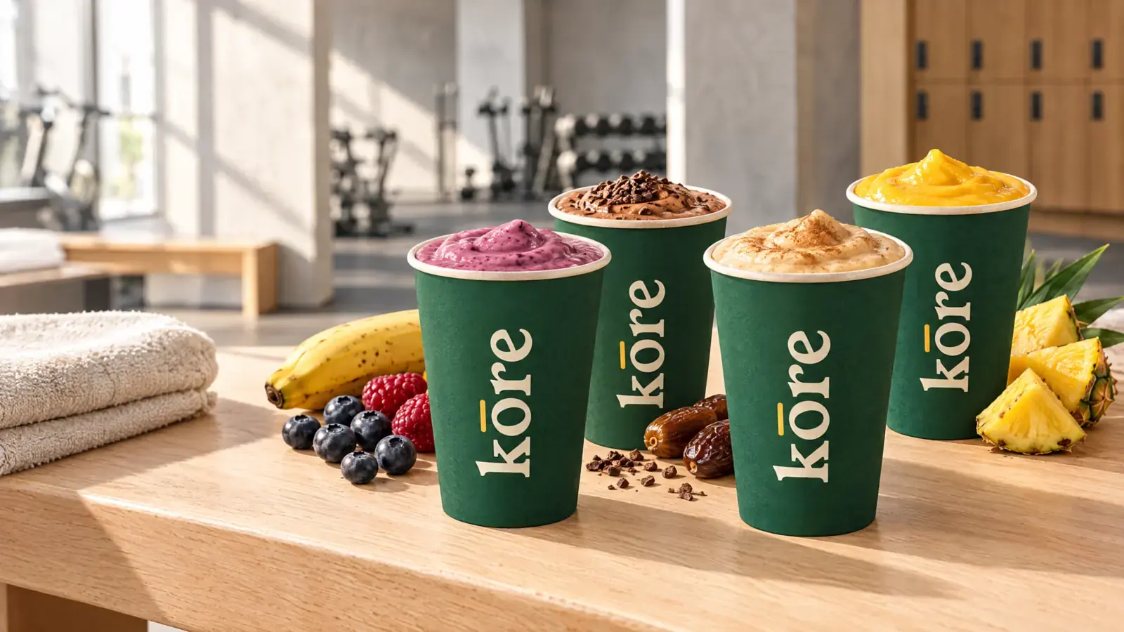 Quatre boissons Kōre dans leurs gobelets, sur un banc de salle de sport (illustration)