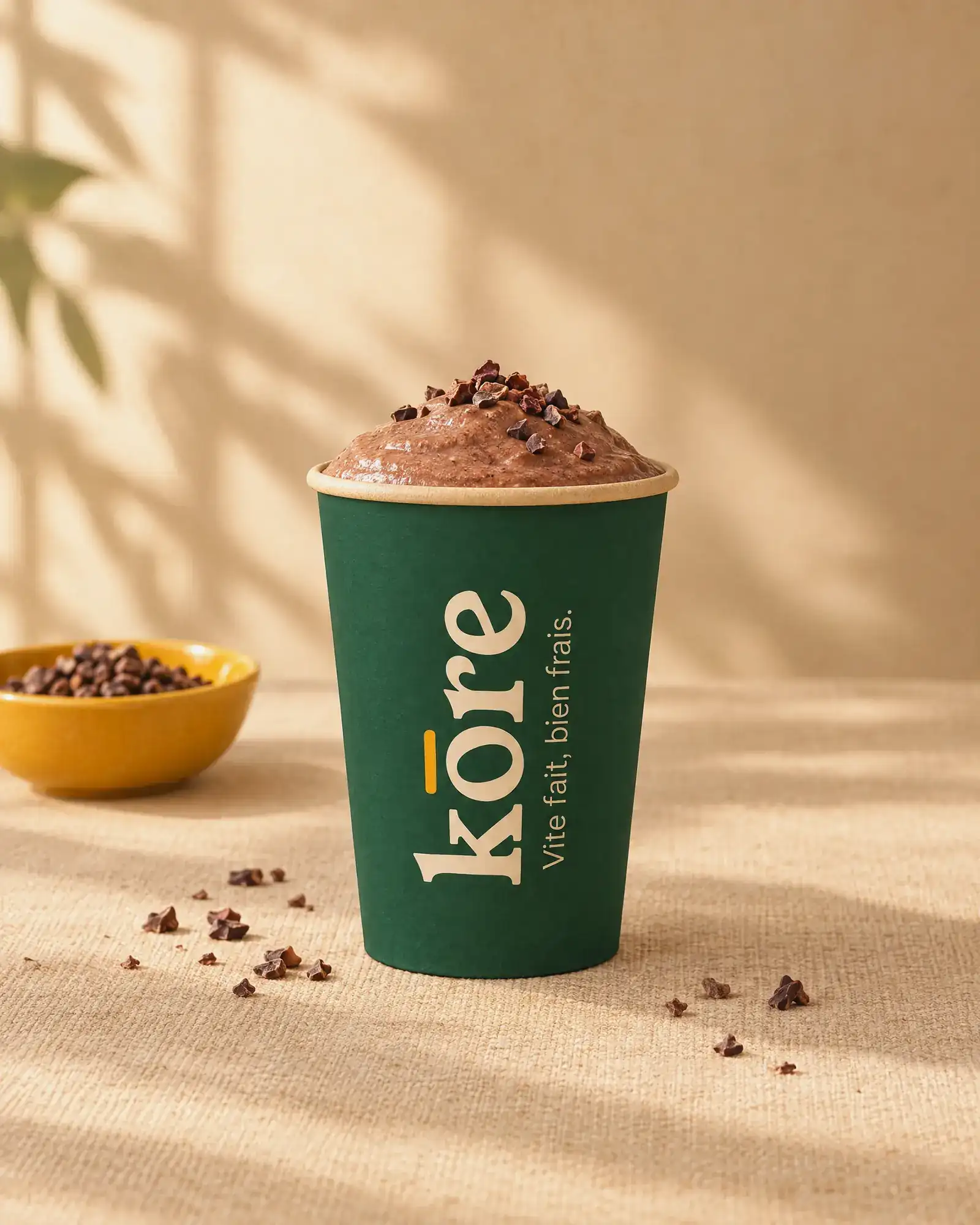 Frappé café-chocolat dans le gobelet vert Kōre, éclats de cacao (illustration)