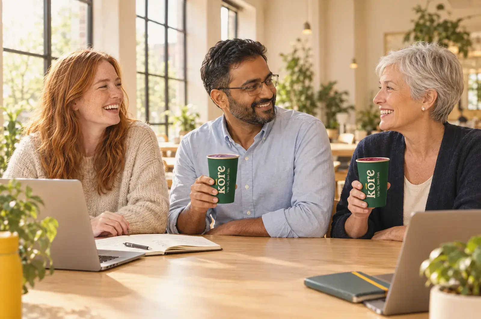 Trois membres d’un coworking font une pause autour de la table commune, boissons Kōre à la main (illustration)