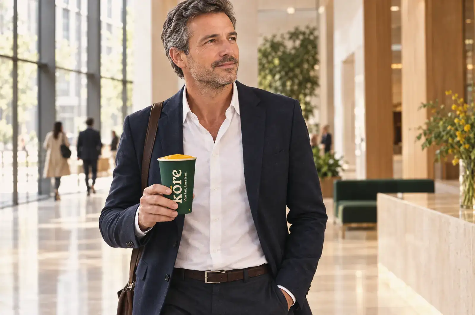 Un occupant traverse le hall d’un immeuble de bureaux avec un smoothie Kōre (illustration)