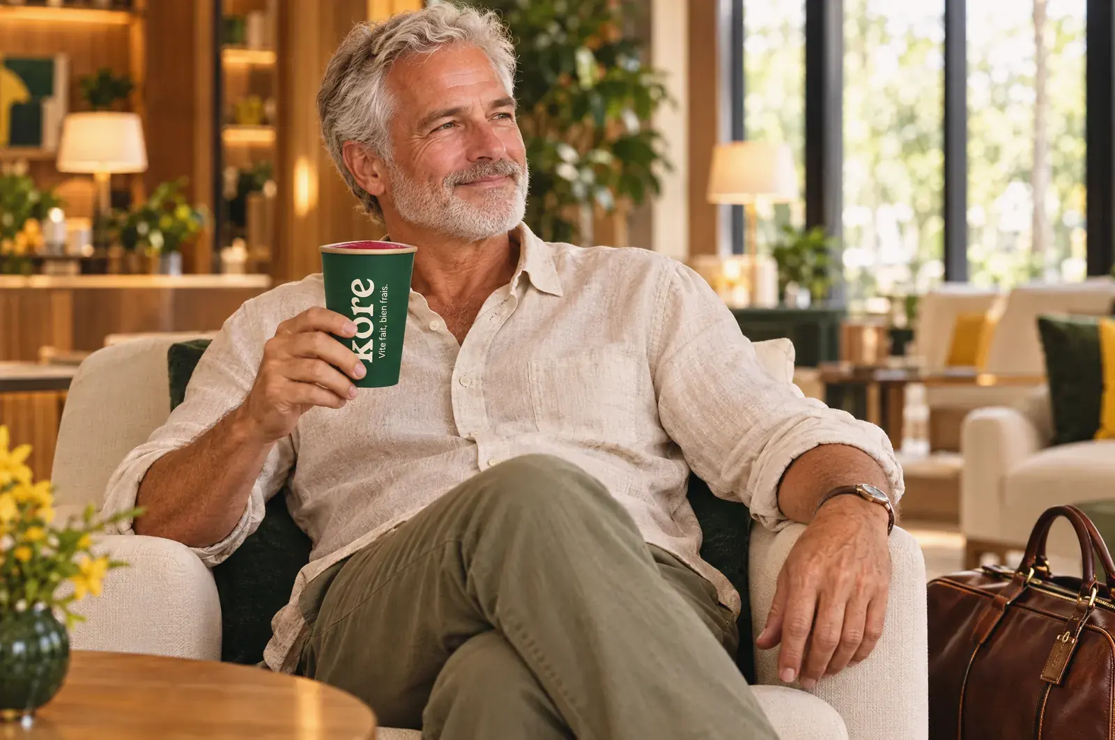Un voyageur se détend dans le salon d’un hôtel avec un smoothie Kōre (illustration)