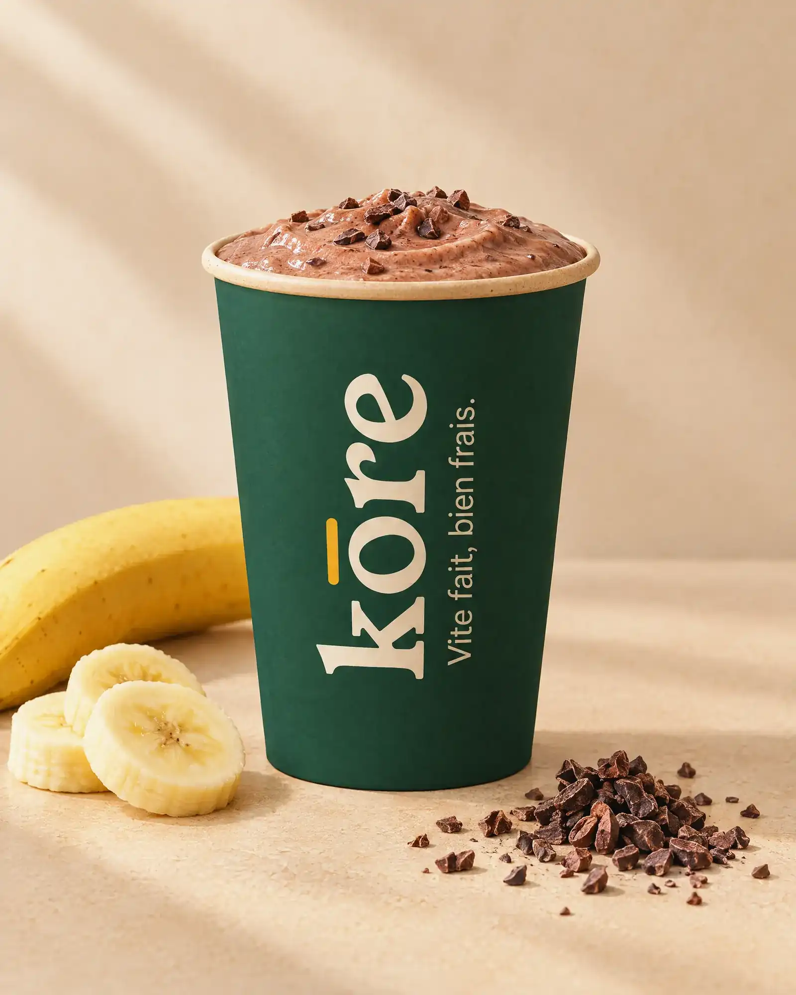 Shake protéiné Choco Banana au cacao et à la banane, gobelet vert Kōre (illustration)