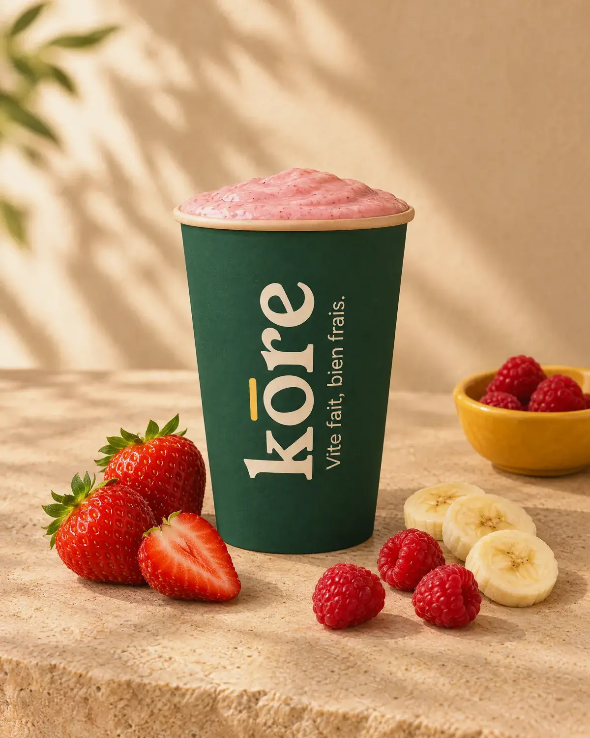 Smoothie Pink Love à la fraise et à la framboise dans le gobelet vert Kōre (illustration)