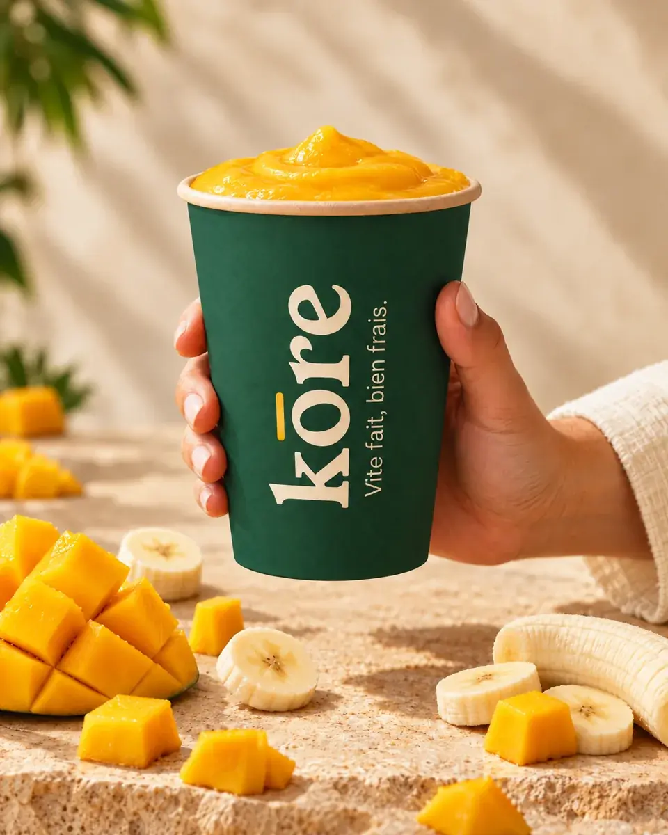 Smoothie mangue banane dans le gobelet vert Kōre (illustration)