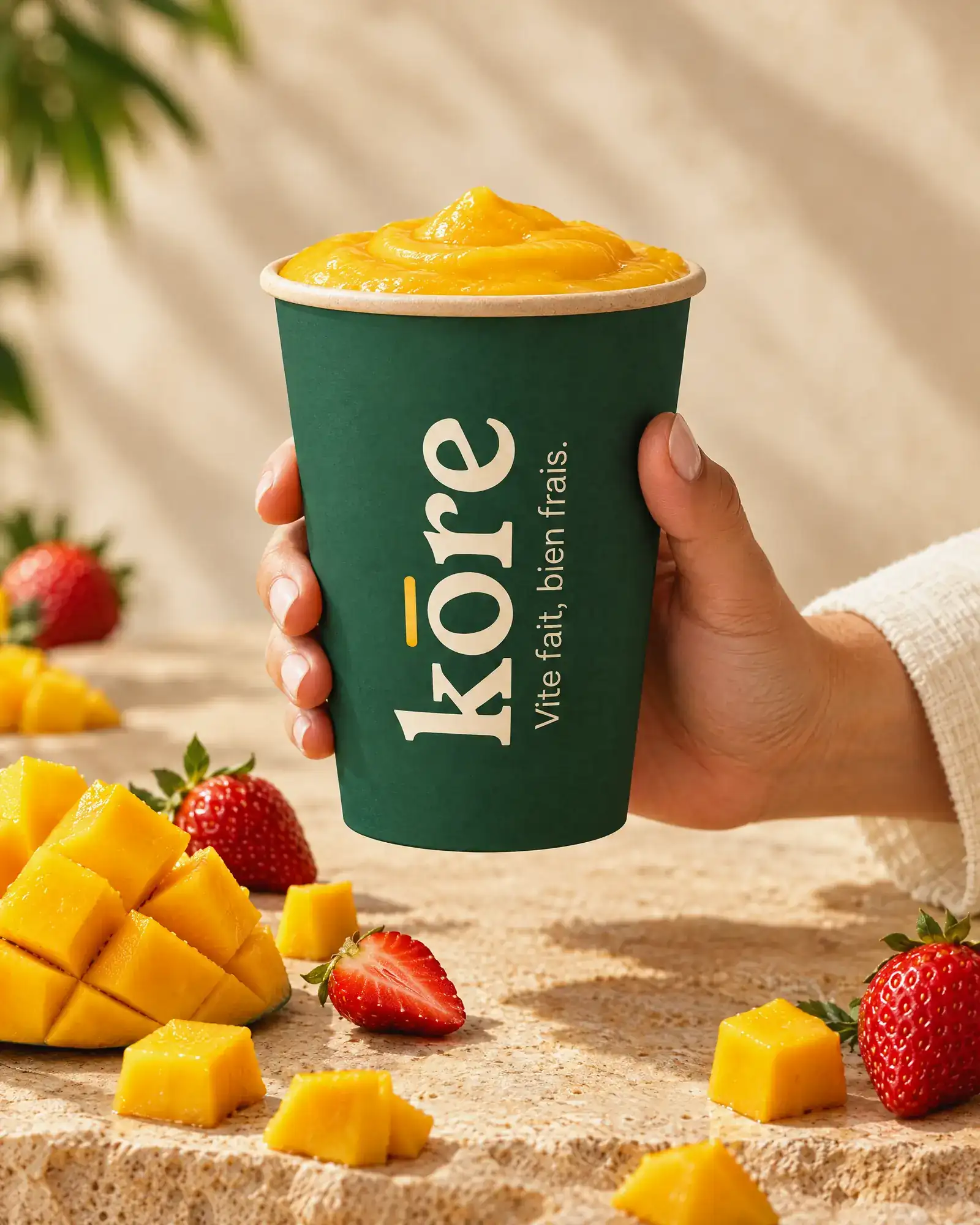 Smoothie mangue dans le gobelet vert Kōre, mangue et fraises (illustration)