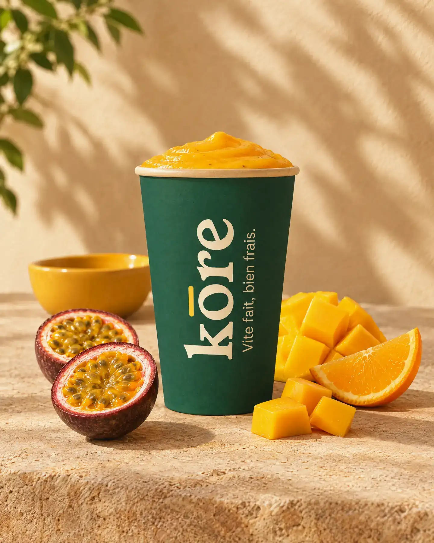 Smoothie Passion Sunrise à la mangue et au fruit de la passion, gobelet vert Kōre (illustration)