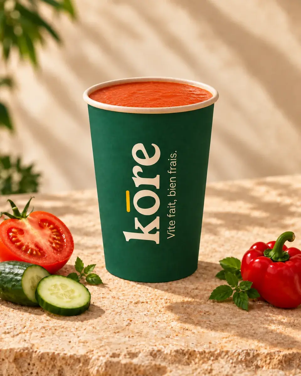 Gazpacho rouge à la tomate et au poivron dans le gobelet vert Kōre (illustration)