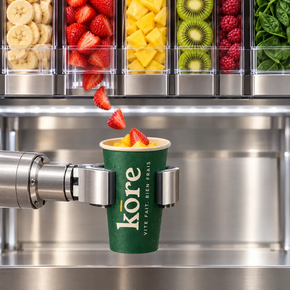 Le bras à pince du distributeur Kōre tient le gobelet vert sous un tube de la vitrine ; des morceaux de fraise tombent sur la mangue déjà dosée (illustration)