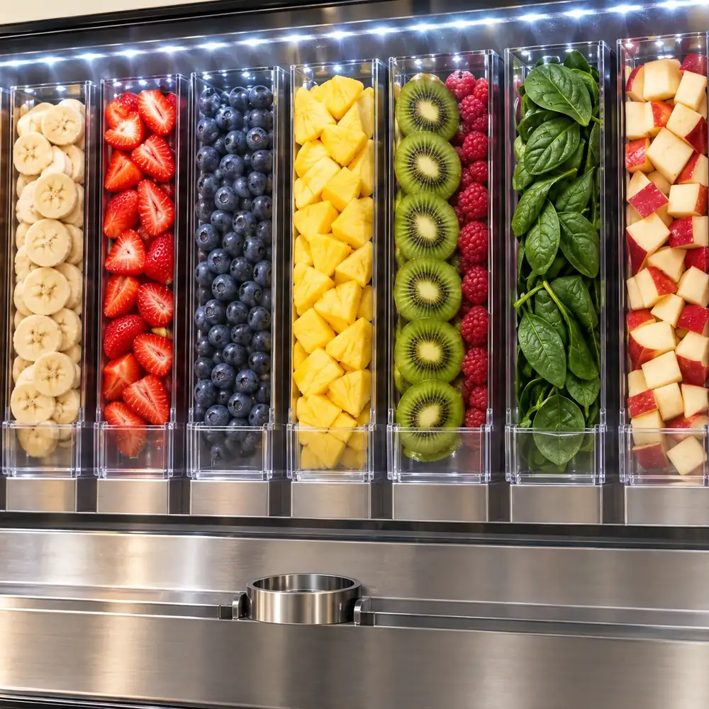 Les tubes de fruits et légumes de la vitrine du distributeur Kōre (illustration)