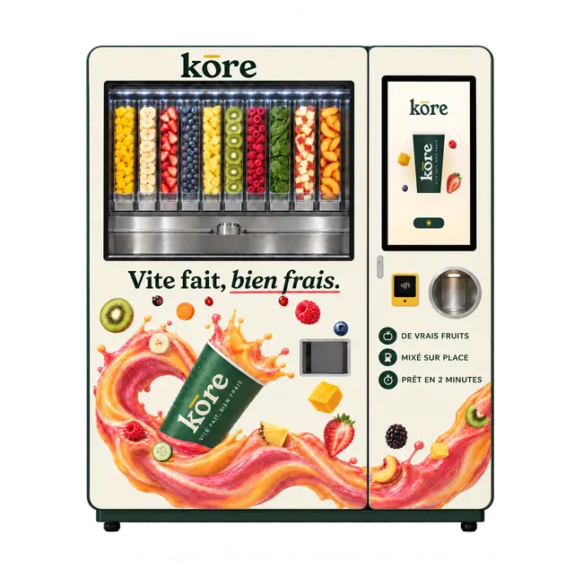 Distributeur automatique Kōre, fruits visibles et gobelet vert (illustration)