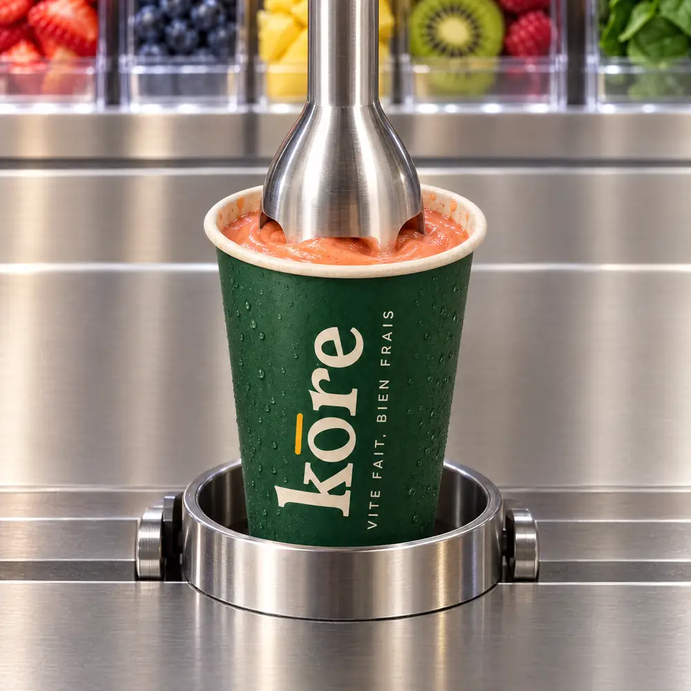 Le gobelet Kōre sur son support inox, la tête de mixage descendue dans la boisson en préparation (illustration)