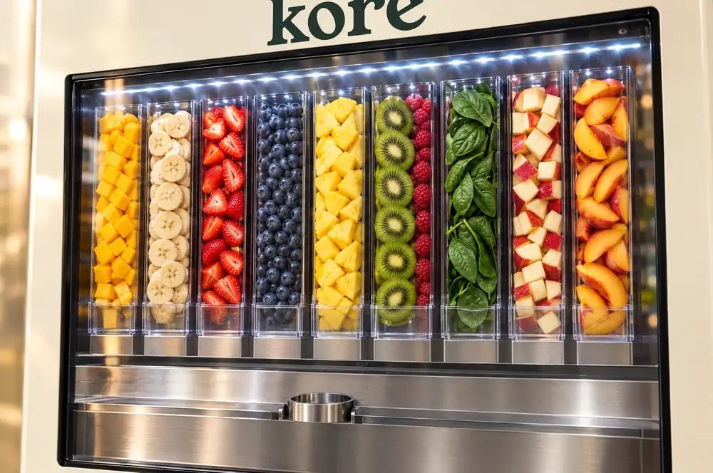 Les tubes de fruits et de légumes en morceaux de la vitrine du distributeur Kōre, au-dessus de la zone de préparation (illustration)