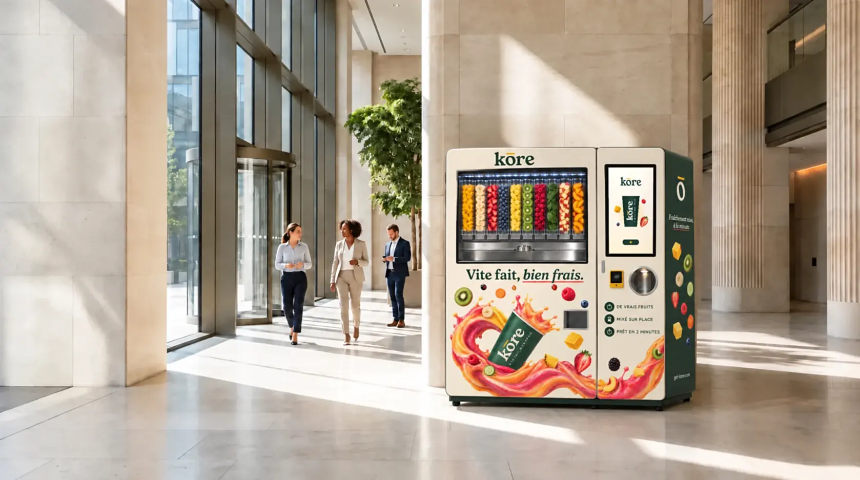 Distributeur automatique de boissons Kōre en immeuble de bureaux (illustration)