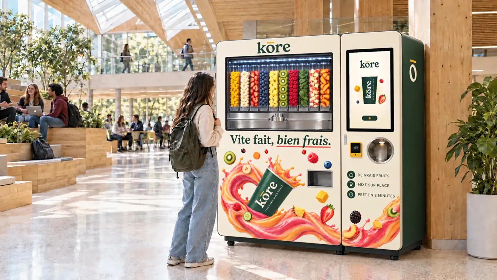 Distributeur automatique de boissons Kōre en campus (illustration)