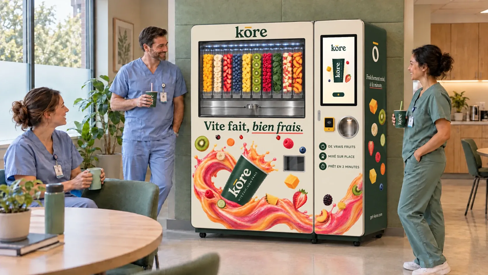 Distributeur automatique de boissons Kōre en établissement de santé (illustration)